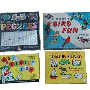 Vintage 60s 70s Game Lot Bird Match Illustrated Spelling Pictures Peg Board Word
